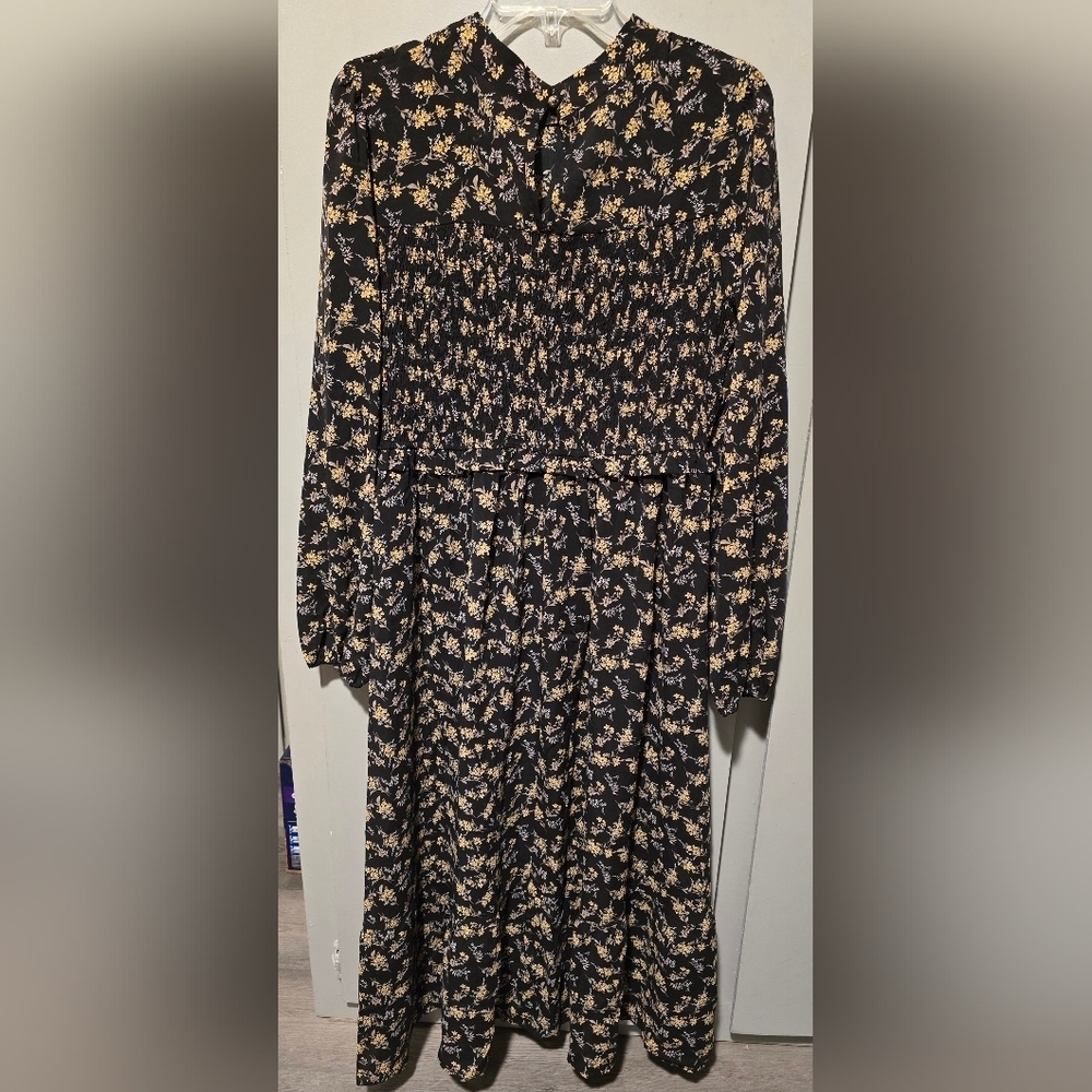 NWOT New In Floral Escape Dress A-line Mock Neck Long Sleeves Midi Boho Size L - Picture 6 of 12